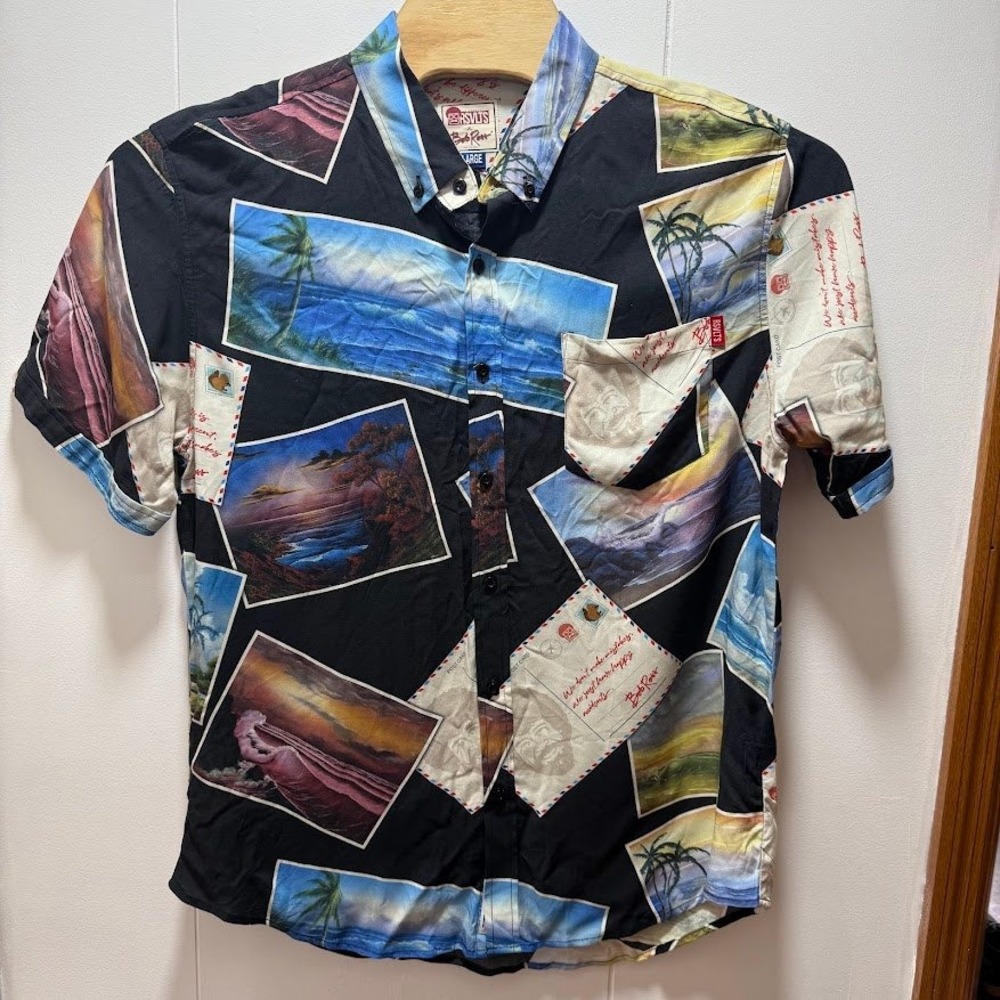 RSVLTS Bob Ross Postcard Landscape Print Shirt Mens XL Rayon Button Down Black
